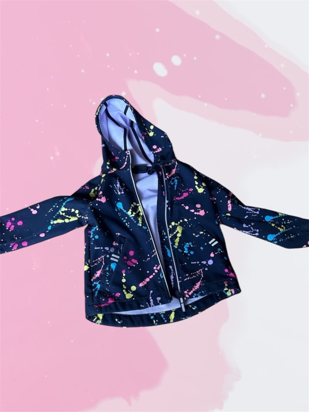 Kids Black Lined Rain Jacket w/Colorful Splatter Design!  Size XS (4-5T)